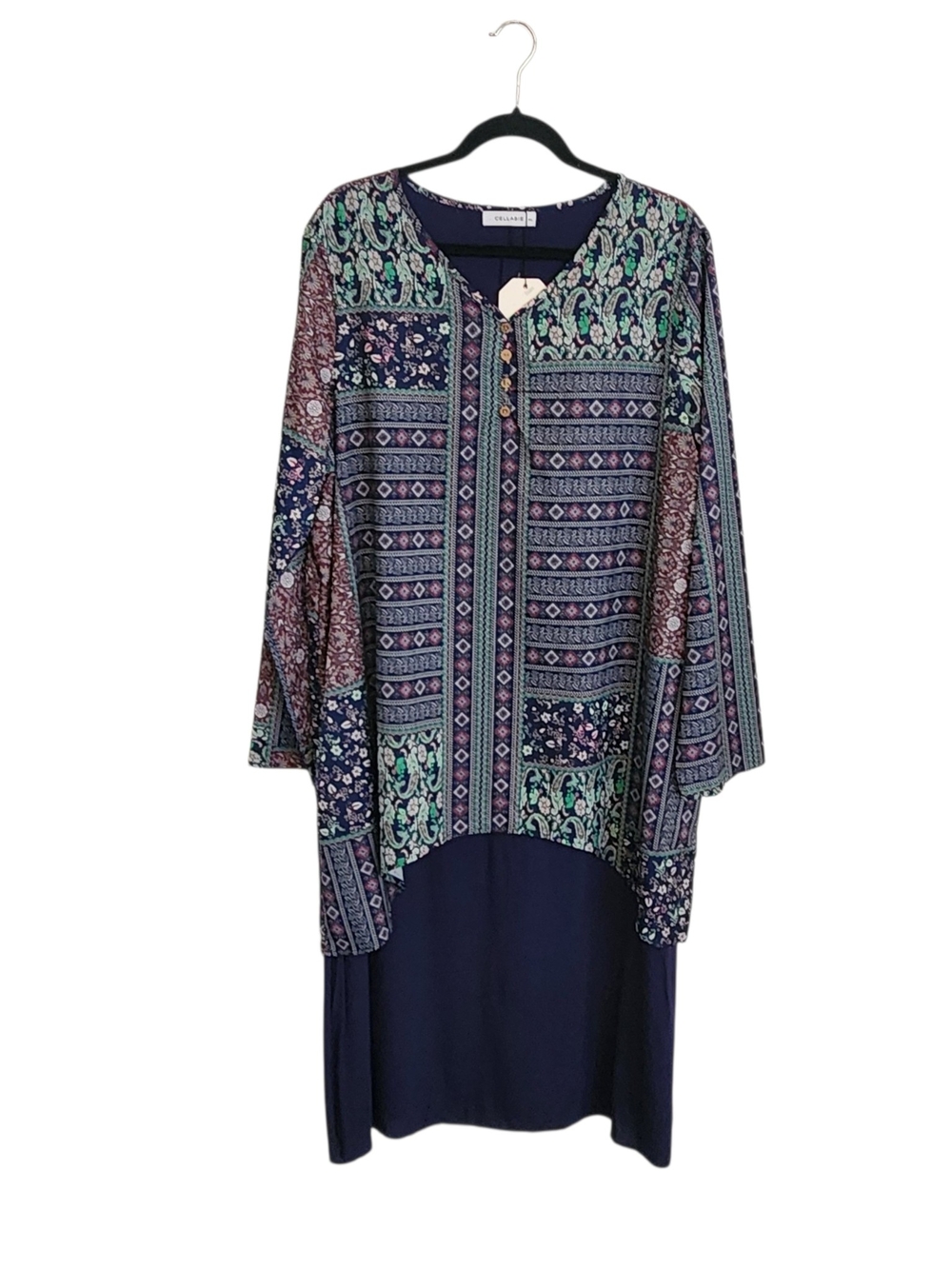 Cellabie Navy Boho Print Layered Look Midi Dress Size 2X NWT